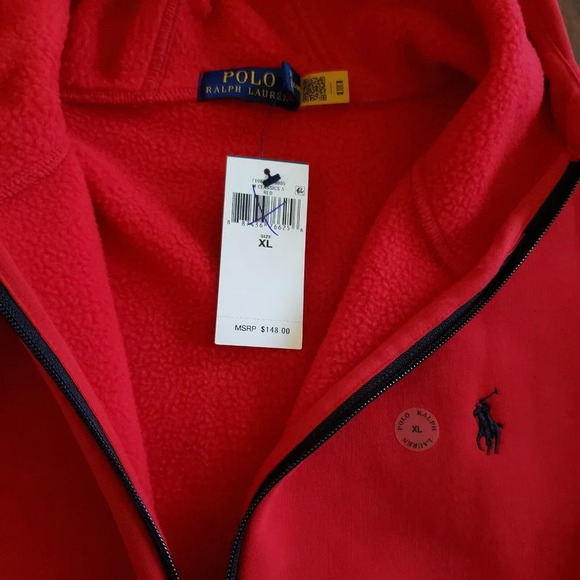 New Mens Polo Ralph Lauren Double Knit Red Fleece Full Zip Hoodie Track Jacket - Picture 3 of 4